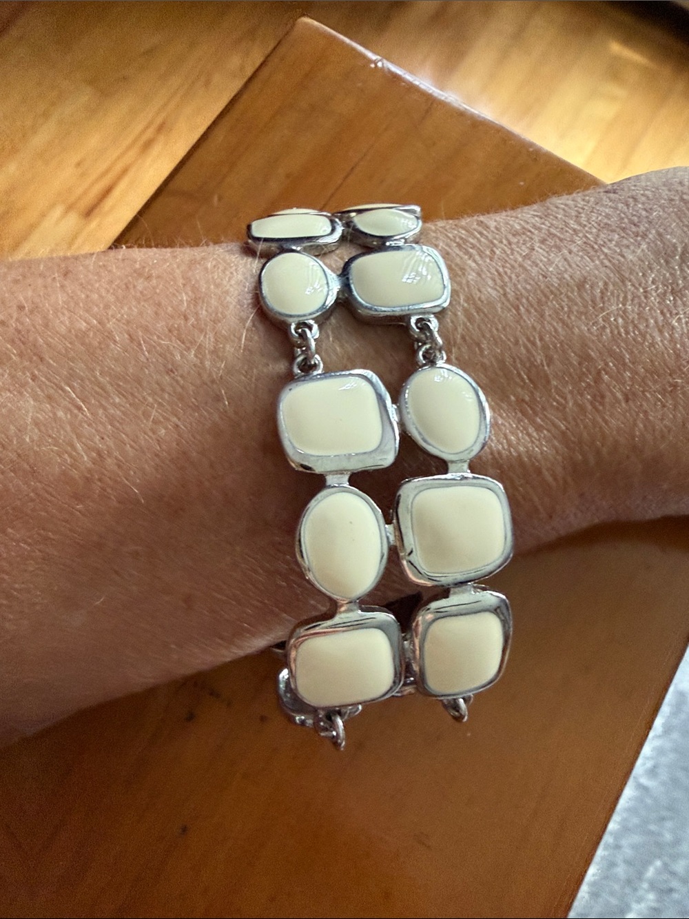 Cream Double-Row Link Bracelet with Silver-Tone Accents